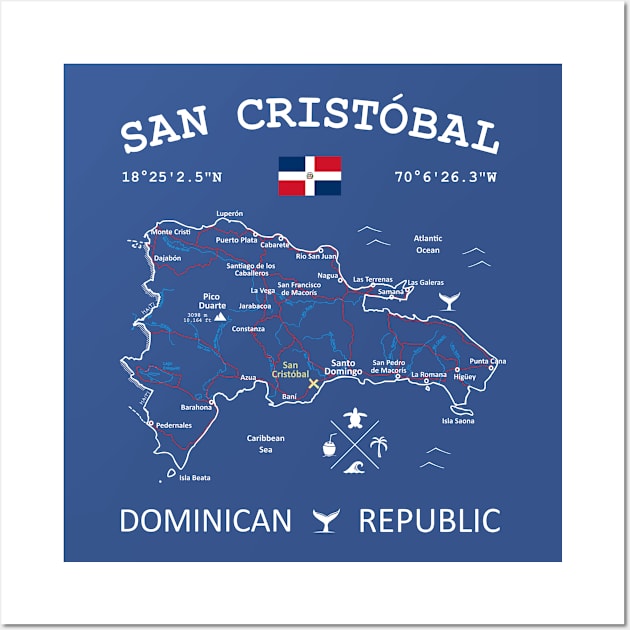 San Cristóbal Dominican Republic Flag Travel Map Coordinates GPS Wall Art by French Salsa